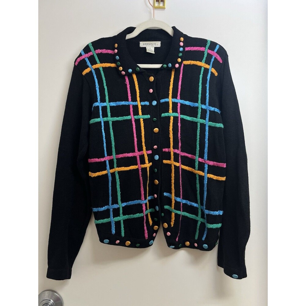 Vintage 90s Arriviste Embroidered Sweater Cardigan Multicolor Sweater Size M